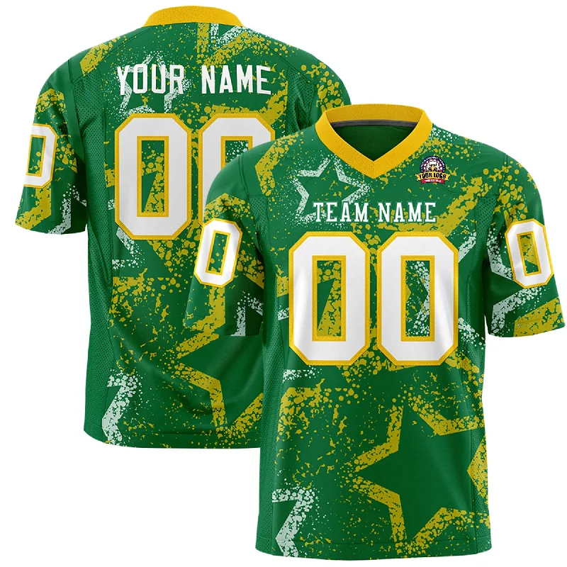 Custom Kelly Green Gold-White Personalized Star Graffiti Pattern Authentic Football Jersey