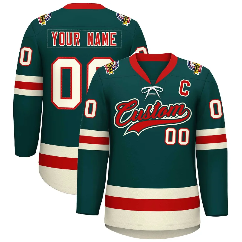 Custom Midnight Green Red-Cream Lace-Up Neck Hockey Jersey