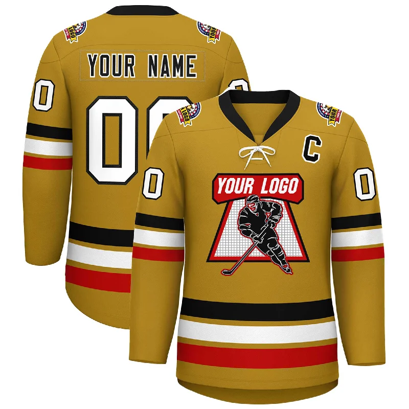 Custom Old Gold Black-White Lace-Up Neck Hockey Jersey