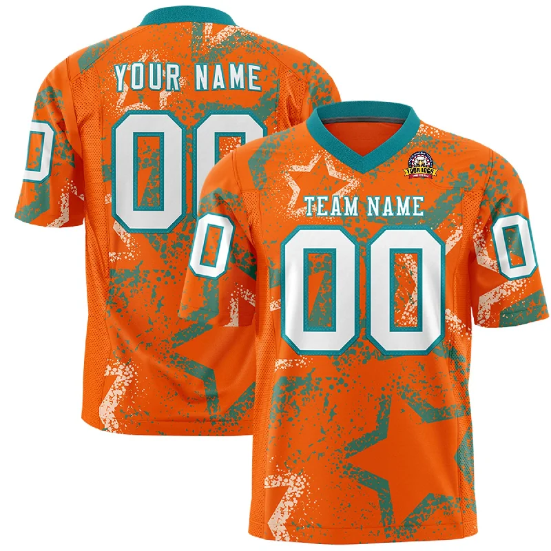 Custom Orange Aqua-White Personalized Star Graffiti Pattern Authentic Football Jersey