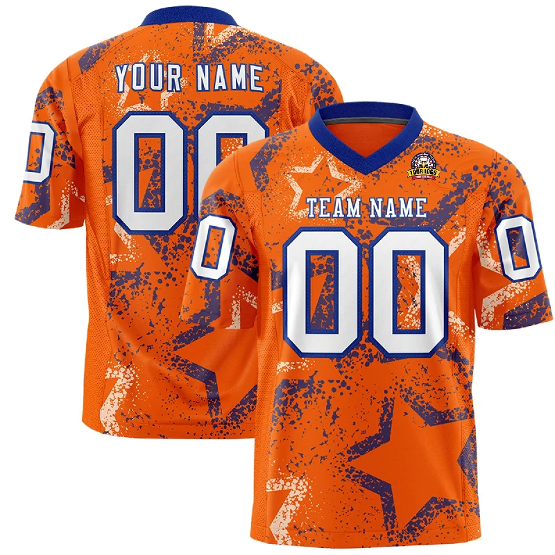 Custom Orange Royal-White Personalized Star Graffiti Pattern Authentic Football Jersey