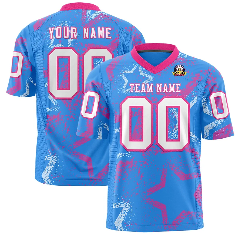 Custom Powder Blue Pink-White Personalized Star Graffiti Pattern Authentic Football Jersey