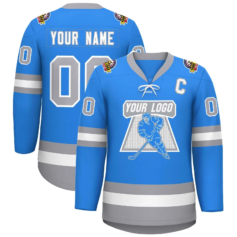 Custom Powder Blue White-Gray Lace-Up Neck Hockey Jersey