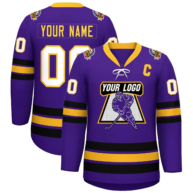 Custom Purple Yellow-Black Lace-Up Neck Hockey Jersey