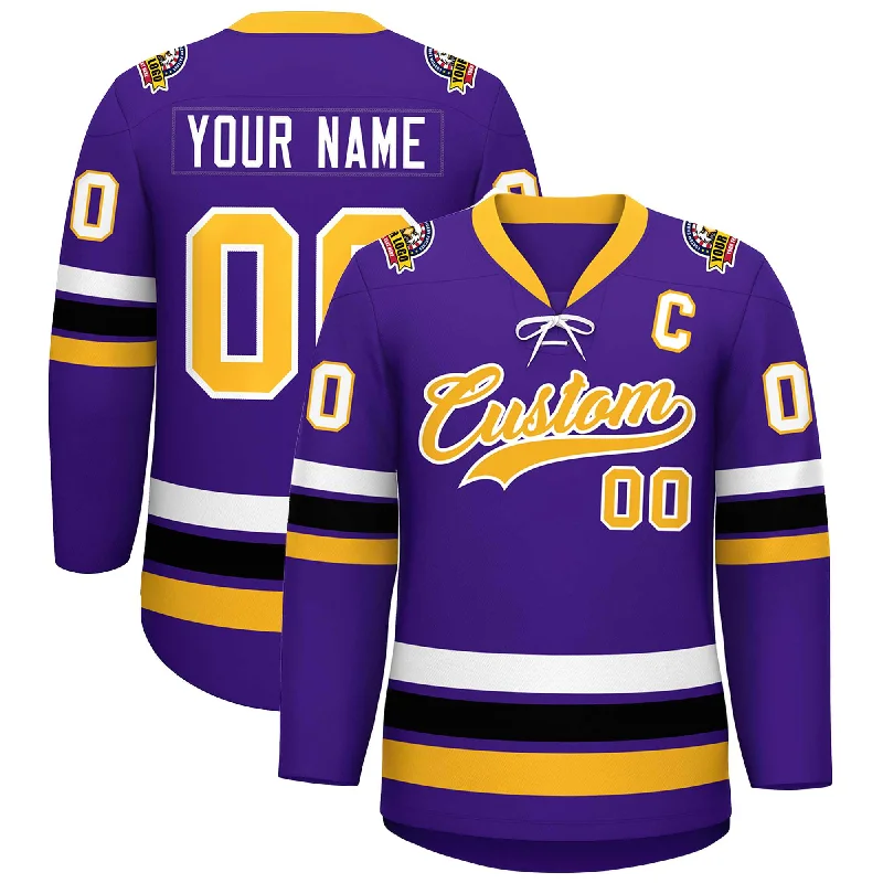 Custom Purple Yellow-White Lace-Up Neck Hockey Jersey