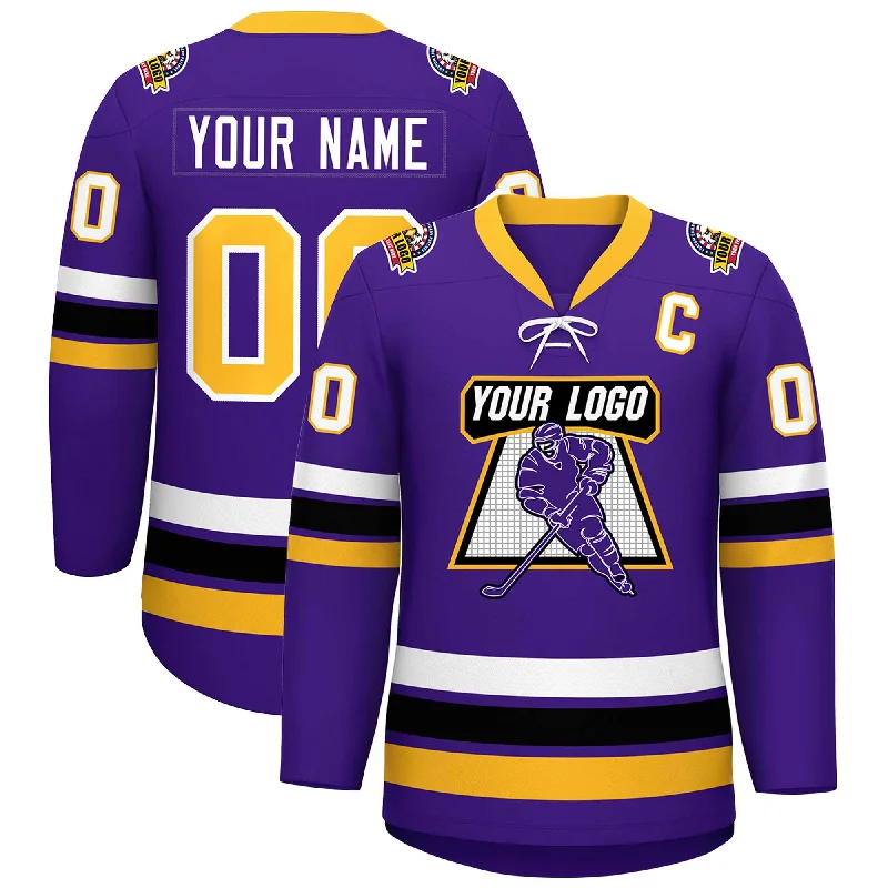 Custom Purple Yellow-White Lace-Up Neck Hockey Jersey