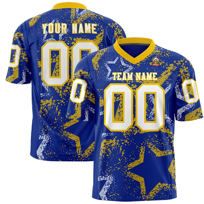 Custom Royal Gold-White Personalized Star Graffiti Pattern Authentic Football Jersey