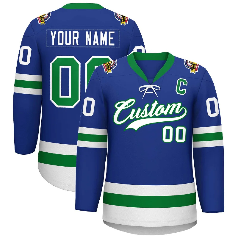 Custom Royal Kelly Green-White Lace-Up Neck Hockey Jersey