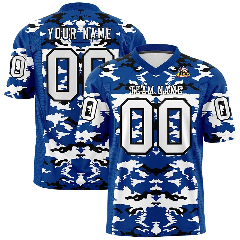 Custom Royal White-Black Personalized Camo Authentic Football Jersey