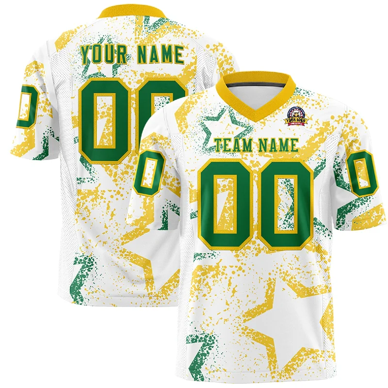 Custom White Gold-Kelly Green Personalized Star Graffiti Pattern Authentic Football Jersey