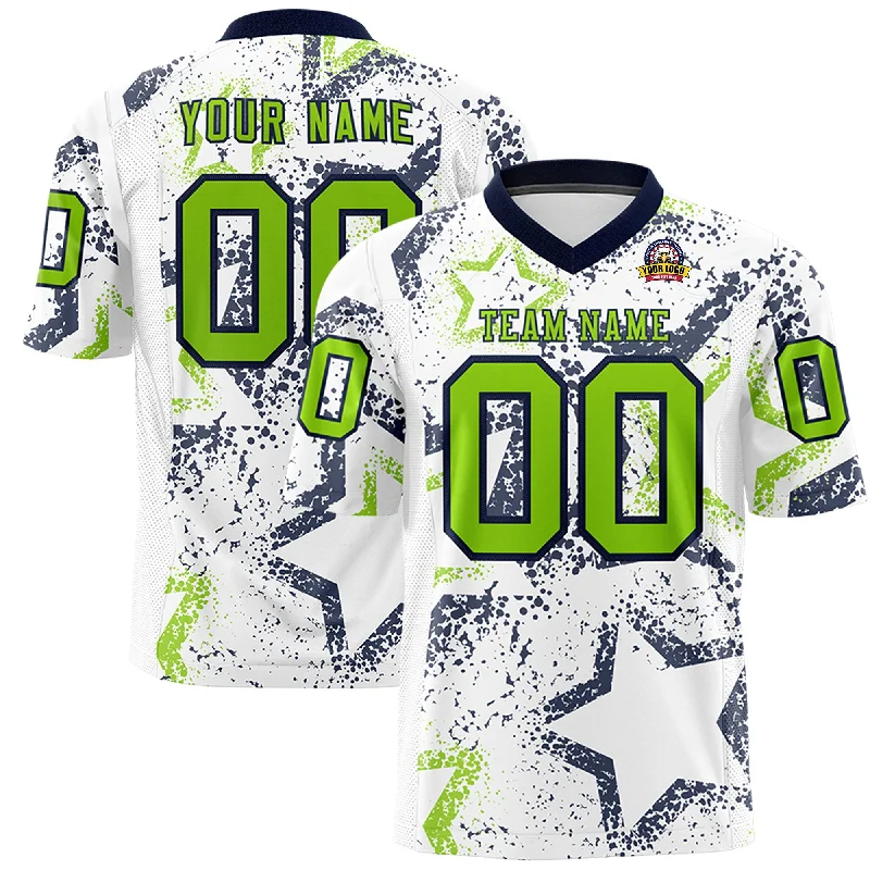 Custom White Navy-Neon Green Personalized Star Graffiti Pattern Authentic Football Jersey