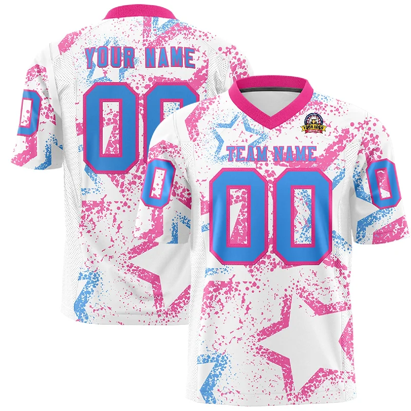 Custom White Pink-Powder Blue Personalized Star Graffiti Pattern Authentic Football Jersey