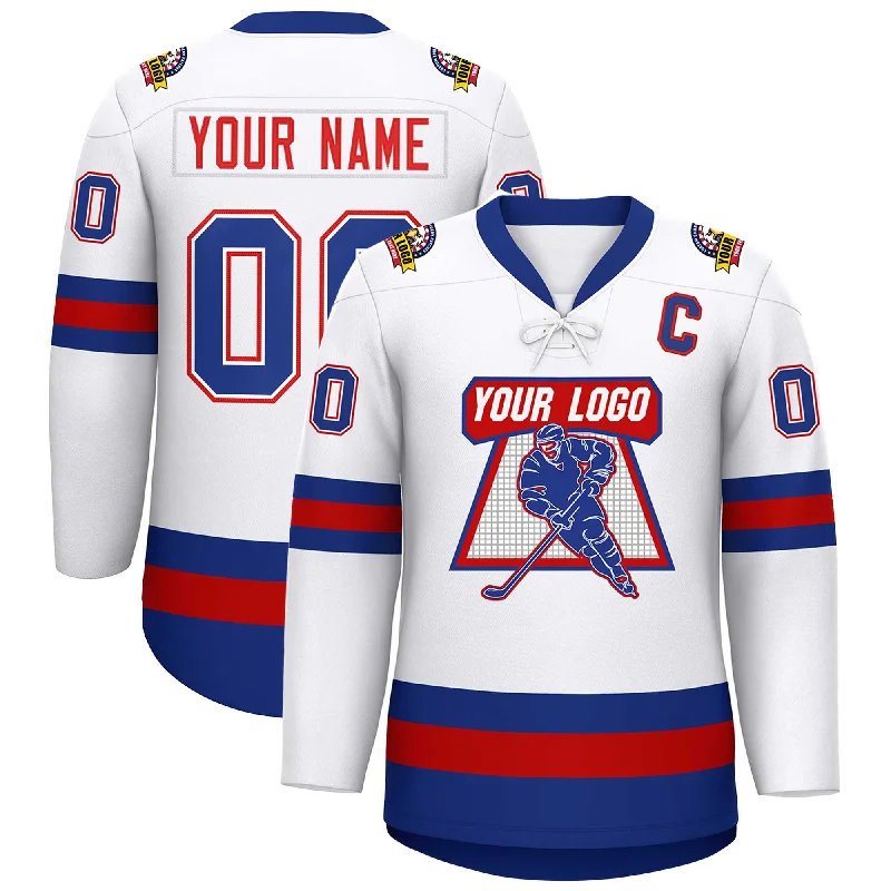 Custom White Red-Royal Lace-Up Neck Hockey Jersey