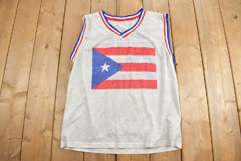 Vintage 1990s Puerto Rico Flag Souvenir Mesh Basketball Jersey Tank Top / Streetwear / Vacation Tee / Travel T Shirt / Size Medium /