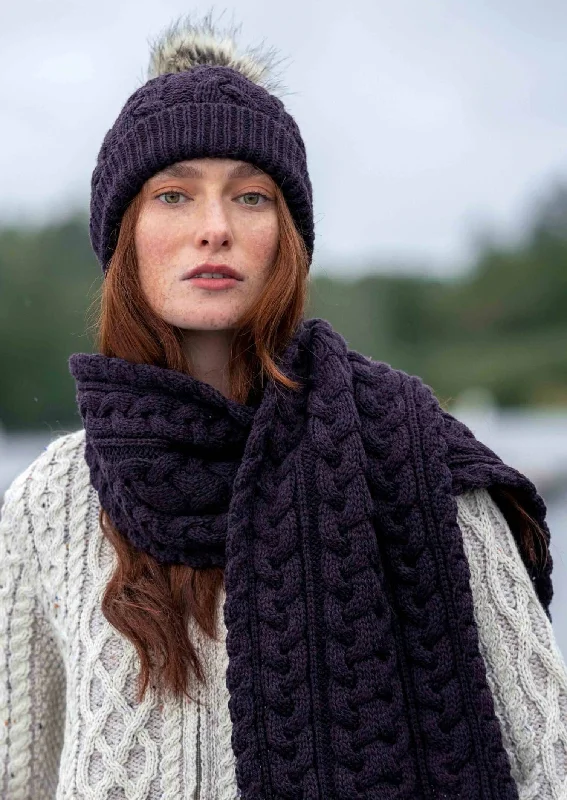 Aran Cable Knit Pom Pom Hat | Plum