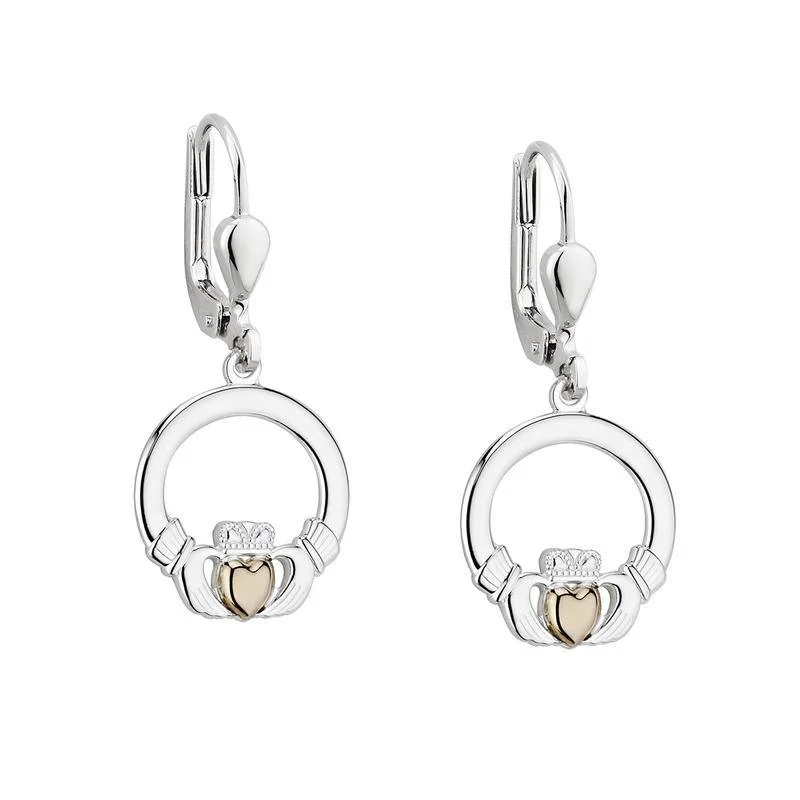 10K Gold Heart Sterling Silver Claddagh Drop Earrings