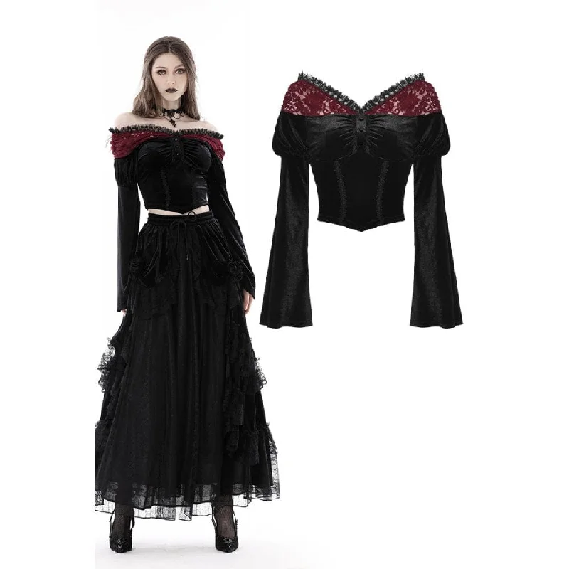 Women's Gothic Off Shoulder Lace Splice Velvet Crop Top