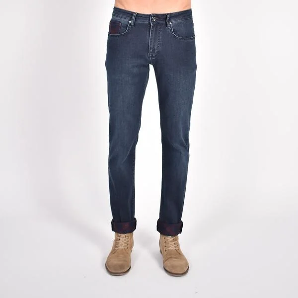 Navy Slim Fit Jeans With Inside Ankle Print #EIG-45