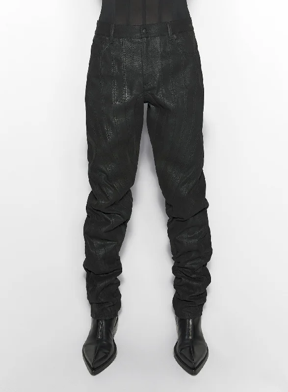 waxed black spiral baggy jeans